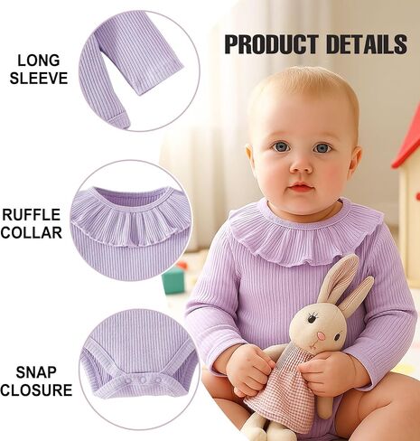 ROMPERINBOX Baby Girl Bodysuit 2 Pack, Long Sleeve Ribbed Knitted Onsies Ruffle Collar and Flutter Sleeve Fall Winter Clothes in Saudi Arabia