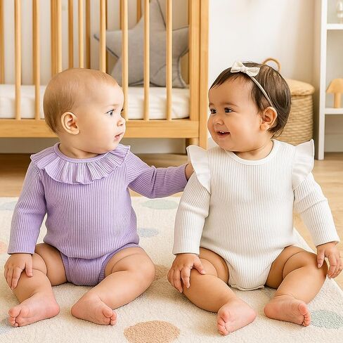 ROMPERINBOX Baby Girl Bodysuit 2 Pack, Long Sleeve Ribbed Knitted Onsies Ruffle Collar and Flutter Sleeve Fall Winter Clothes in Saudi Arabia
