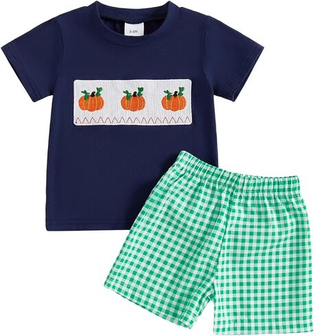 Karuedoo Halloween Toddler Baby Boy Outfit Pumpkin Embroidery Smocked Short Sleeve T-Shirt and Plaid Shorts Set Fall Clothes in Saudi Arabia