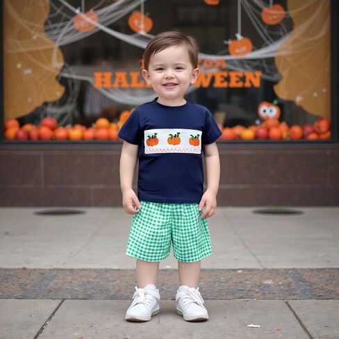 Karuedoo Halloween Toddler Baby Boy Outfit Pumpkin Embroidery Smocked Short Sleeve T-Shirt and Plaid Shorts Set Fall Clothes in Saudi Arabia