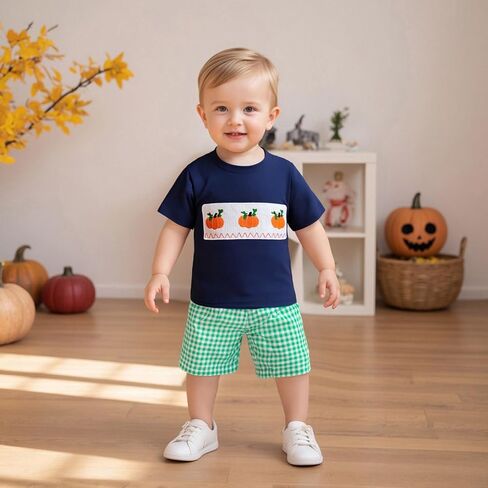 Karuedoo Halloween Toddler Baby Boy Outfit Pumpkin Embroidery Smocked Short Sleeve T-Shirt and Plaid Shorts Set Fall Clothes in Saudi Arabia
