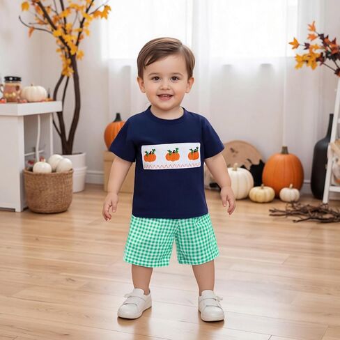 Karuedoo Halloween Toddler Baby Boy Outfit Pumpkin Embroidery Smocked Short Sleeve T-Shirt and Plaid Shorts Set Fall Clothes in Saudi Arabia