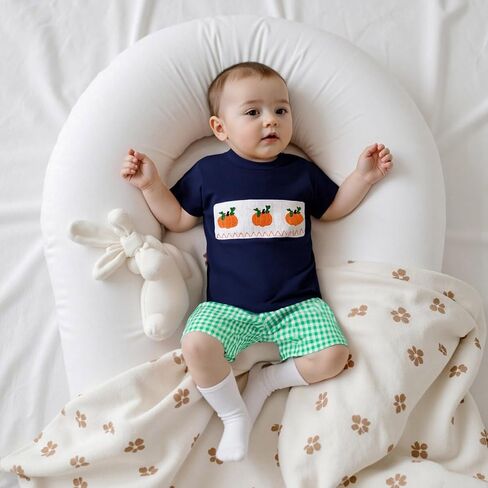 Karuedoo Halloween Toddler Baby Boy Outfit Pumpkin Embroidery Smocked Short Sleeve T-Shirt and Plaid Shorts Set Fall Clothes in Saudi Arabia