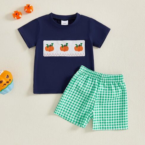 Karuedoo Halloween Toddler Baby Boy Outfit Pumpkin Embroidery Smocked Short Sleeve T-Shirt and Plaid Shorts Set Fall Clothes in Saudi Arabia
