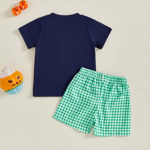 Karuedoo Halloween Toddler Baby Boy Outfit Pumpkin Embroidery Smocked Short Sleeve T-Shirt and Plaid Shorts Set Fall Clothes in Saudi Arabia