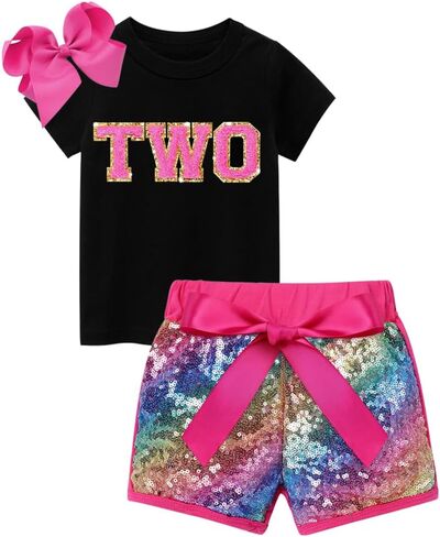 D.O.T Toddler Baby Girls Birthday Outfits Short Sleeve Shirt Sequin Shorts Hair Bow Kids Cake Smash Gifts Clothes Sets in Saudi Arabia