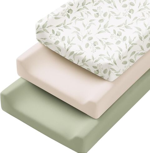 Konssy 3 Pack Stretchy Changing Pad Covers, 32"x16" Changing Table Sheets | Silky Soft & Breathable Fabric, 360° Full Elastic Fit, Floral Printed & Solid Designs, for Baby Girls & Boys (Pink Spring) in Kuwait