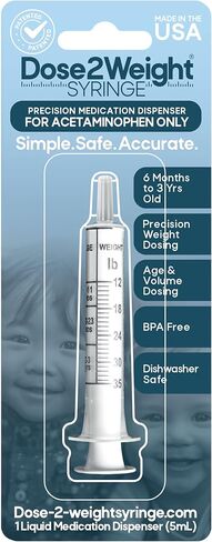 DOSE-2-WEIGHT Oral Syringe, Precision Dosing Dispenser for Infants Acetaminophen (160mg/mL), for Children Under 3 Yrs Old, Patented, Made in America in Saudi Arabia