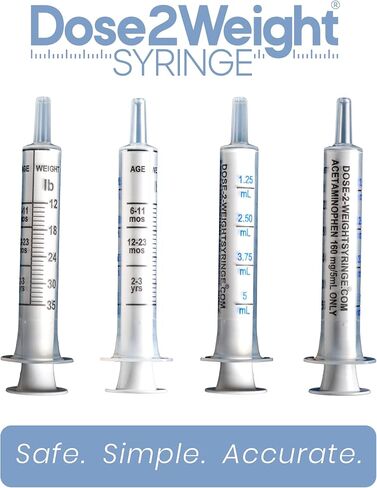 DOSE-2-WEIGHT Oral Syringe, Precision Dosing Dispenser for Infants Acetaminophen (160mg/mL), for Children Under 3 Yrs Old, Patented, Made in America in Saudi Arabia