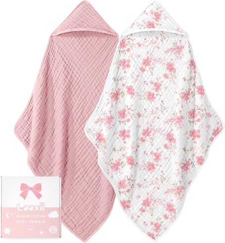 Looxii Baby Bath Towels 2 Pack Muslin Hooded Baby Towels for Newborn and Infants, 100% Cotton, Large 32x32Inch, Soft and Absorbent Pink+Flowers in Saudi Arabia