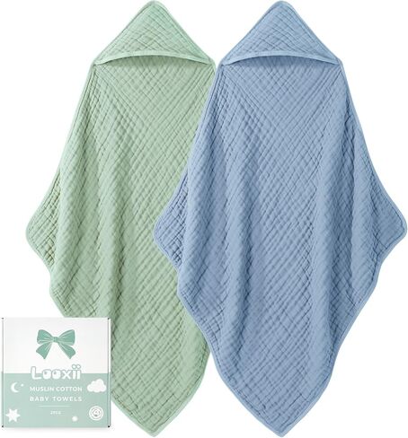 Looxii Baby Bath Towels 2 Pack Muslin Hooded Baby Towels for Newborn and Infants, 100% Cotton, Large 32x32Inch, Soft and Absorbent Pink+Flowers in Saudi Arabia