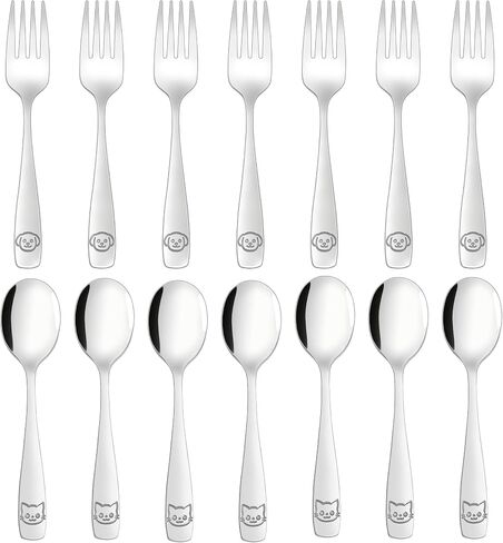 Stainless Steel Toddler Utensils Set - 14 Pcs Kids Silverware, Safe Food Grade, Mirror Polished, Dishwasher Safe, Perfect for Little Hands, Trendy & Durable. ﻿ in Saudi Arabia