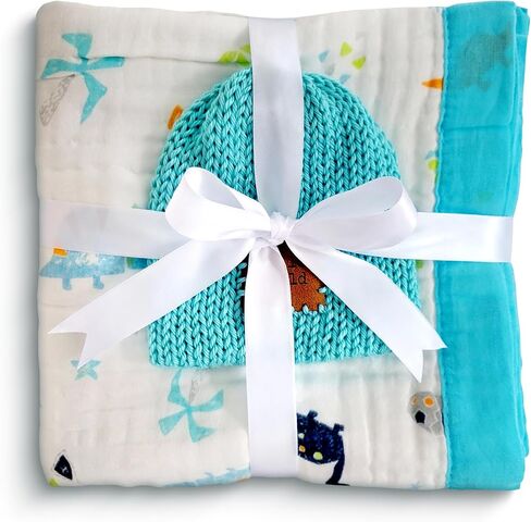 Baby Blanket, 100% Soft Cotton, Dinosaur Print, Gift Set Includes Baby Blanket and Baby hat, Aqua in Saudi Arabia