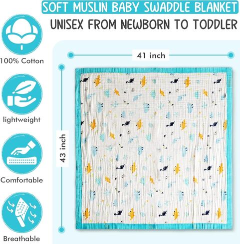 Baby Blanket, 100% Soft Cotton, Dinosaur Print, Gift Set Includes Baby Blanket and Baby hat, Aqua in Saudi Arabia