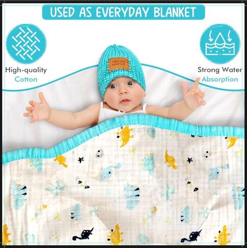 Baby Blanket, 100% Soft Cotton, Dinosaur Print, Gift Set Includes Baby Blanket and Baby hat, Aqua in Saudi Arabia