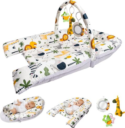 Baby Lounger with Toy Bar & 3 Toys – Infant Nest for Newborns 0–12 Months | 100% Cotton Soft Breathable Cover, Portable Washable Tummy Time Pillow, Shower Gift Registry Essential Newborn Boys in Saudi Arabia