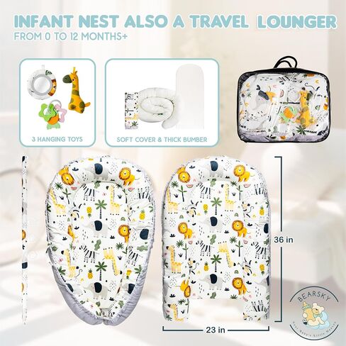 Baby Lounger with Toy Bar & 3 Toys – Infant Nest for Newborns 0–12 Months | 100% Cotton Soft Breathable Cover, Portable Washable Tummy Time Pillow, Shower Gift Registry Essential Newborn Boys in Saudi Arabia
