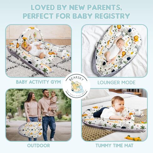 Baby Lounger with Toy Bar & 3 Toys – Infant Nest for Newborns 0–12 Months | 100% Cotton Soft Breathable Cover, Portable Washable Tummy Time Pillow, Shower Gift Registry Essential Newborn Boys in Saudi Arabia