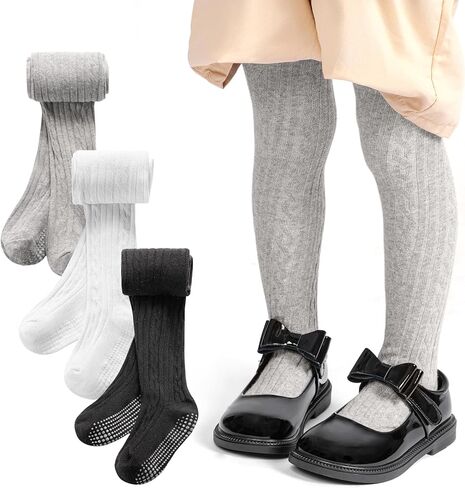 3 Pack Toddler Tights Non Slip Tights for Girls (6 months-6 years) | Knit Cotton Pantyhose for Toddler Girls Baby, Black White Pink Grey, Soft & Comfortable, Enlarged Crotch in Saudi Arabia
