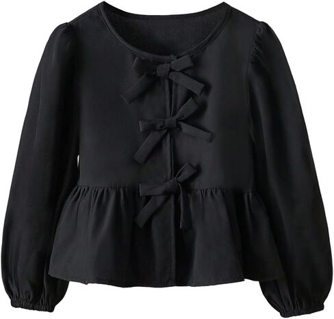 OYOANGLE Toddler Girl's Tie Front Blouse Puff Sleeve Peplum Tops Ruffle Babydoll Bow Lace Up Shirts in Saudi Arabia