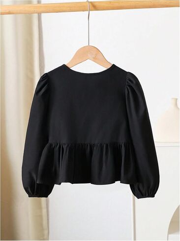 OYOANGLE Toddler Girl's Tie Front Blouse Puff Sleeve Peplum Tops Ruffle Babydoll Bow Lace Up Shirts in Saudi Arabia