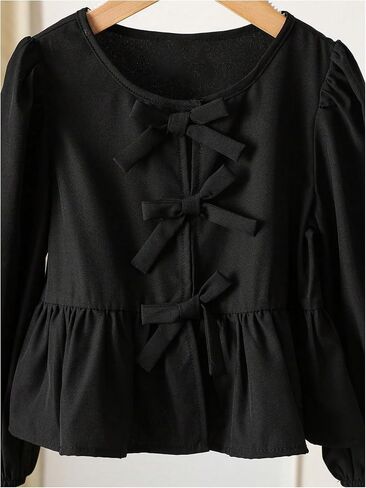 OYOANGLE Toddler Girl's Tie Front Blouse Puff Sleeve Peplum Tops Ruffle Babydoll Bow Lace Up Shirts in Saudi Arabia