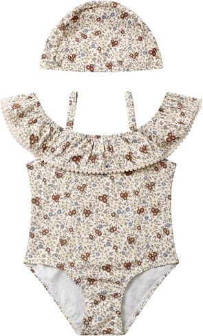 Toddler Swimsuits Girls Floral Printed Long Sleeve One Piece Rash Guard Swimsuit Cute with hat Suits 12-24M3t4t in Saudi Arabia