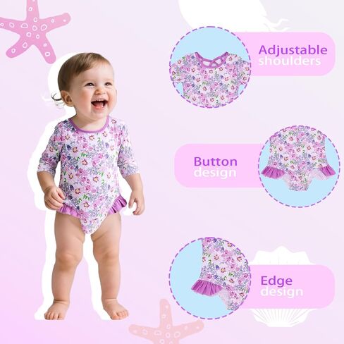 Toddler Girl Swimsuit UPF 50+ One-Piece Rash Guard with Button - Long Sleeve Sun Protection Swimwear in Saudi Arabia