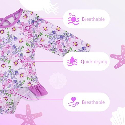 Toddler Girl Swimsuit UPF 50+ One-Piece Rash Guard with Button - Long Sleeve Sun Protection Swimwear in Saudi Arabia