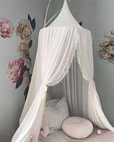 OldPAPA Kids Bed Canopy with Pom Pom Hanging Mosquito Net for Baby Crib Nook Castle Game Tent Nursery Play Room Decor，White in Saudi Arabia
