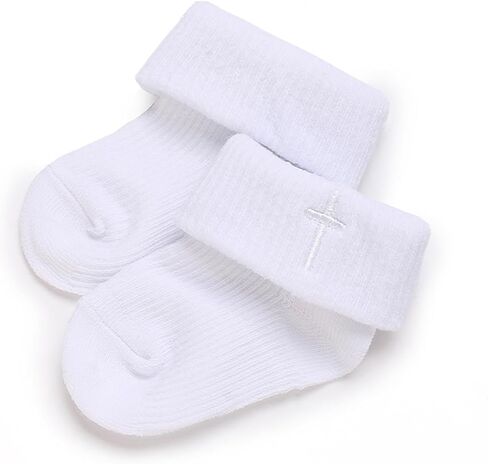 جوارب لحديثي الولادة، جوارب قطنية بيضاء ذات أساور دائرية للتعميد مع صليب للأطفال الأولاد والبنات in Kuwait