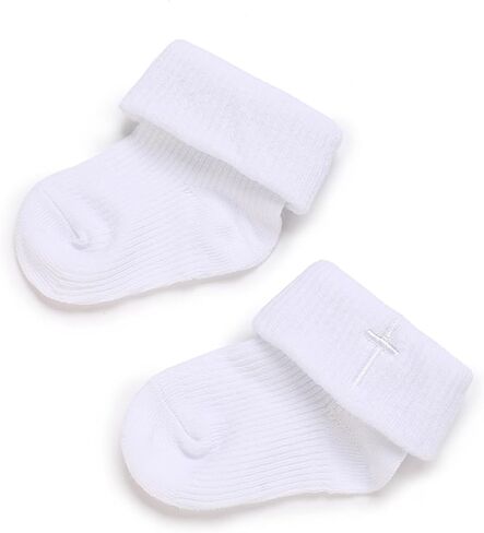 جوارب لحديثي الولادة، جوارب قطنية بيضاء ذات أساور دائرية للتعميد مع صليب للأطفال الأولاد والبنات in Kuwait