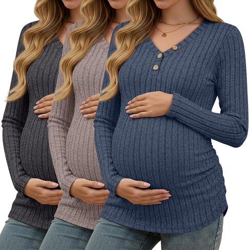 3 Pack Women's Maternity Shirts Long Sleeve Sweaters Pregnancy Henley Tops Ribbed Side Ruched Tunic Tees Outfits in Saudi Arabia