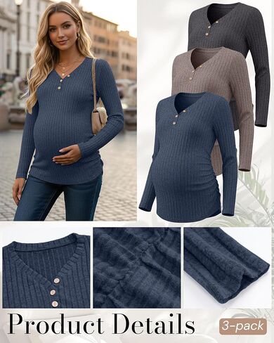 3 Pack Women's Maternity Shirts Long Sleeve Sweaters Pregnancy Henley Tops Ribbed Side Ruched Tunic Tees Outfits in Saudi Arabia