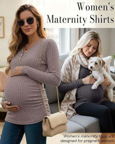 3 Pack Women's Maternity Shirts Long Sleeve Sweaters Pregnancy Henley Tops Ribbed Side Ruched Tunic Tees Outfits in Saudi Arabia