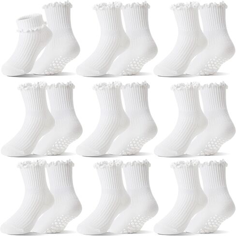 Baby Girls Toddlers Ruffle Grip Socks Uniform School Dress Anti Slip Non Skid Frilly Breathable Crew Cotton Socks 9 Pairs in Kuwait