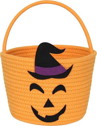 Halloween Basket for Kids, Woven Cotton Rope Pumpkin Candy Basket, Cute Trick or Treat Bucket with Handle, Small Orange Boo Spooky Bins for Kids Adults, Halloween Decoration Gift Bin Empty in Saudi Arabia