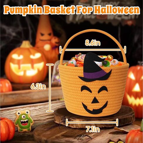 Halloween Basket for Kids, Woven Cotton Rope Pumpkin Candy Basket, Cute Trick or Treat Bucket with Handle, Small Orange Boo Spooky Bins for Kids Adults, Halloween Decoration Gift Bin Empty in Saudi Arabia