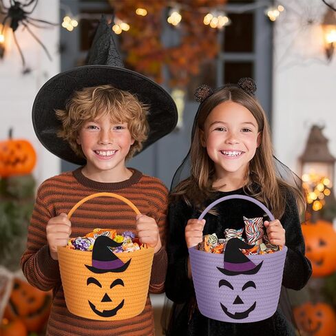Halloween Basket for Kids, Woven Cotton Rope Pumpkin Candy Basket, Cute Trick or Treat Bucket with Handle, Small Orange Boo Spooky Bins for Kids Adults, Halloween Decoration Gift Bin Empty in Saudi Arabia