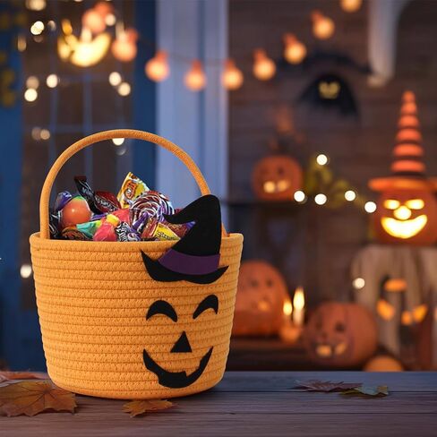 Halloween Basket for Kids, Woven Cotton Rope Pumpkin Candy Basket, Cute Trick or Treat Bucket with Handle, Small Orange Boo Spooky Bins for Kids Adults, Halloween Decoration Gift Bin Empty in Saudi Arabia