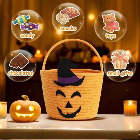 Halloween Basket for Kids, Woven Cotton Rope Pumpkin Candy Basket, Cute Trick or Treat Bucket with Handle, Small Orange Boo Spooky Bins for Kids Adults, Halloween Decoration Gift Bin Empty in Saudi Arabia