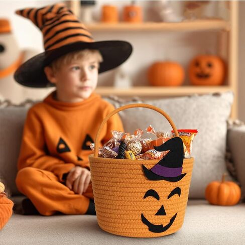 Halloween Basket for Kids, Woven Cotton Rope Pumpkin Candy Basket, Cute Trick or Treat Bucket with Handle, Small Orange Boo Spooky Bins for Kids Adults, Halloween Decoration Gift Bin Empty in Saudi Arabia