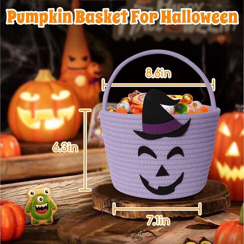 Halloween Basket for Kids, Woven Cotton Rope Pumpkin Candy Basket, Cute Trick or Treat Bucket with Handle, Small Orange Boo Spooky Bins for Kids Adults, Halloween Decoration Gift Bin Empty in Saudi Arabia