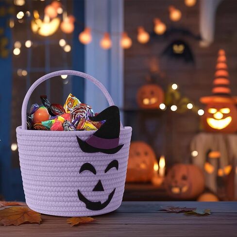 Halloween Basket for Kids, Woven Cotton Rope Pumpkin Candy Basket, Cute Trick or Treat Bucket with Handle, Small Orange Boo Spooky Bins for Kids Adults, Halloween Decoration Gift Bin Empty in Saudi Arabia