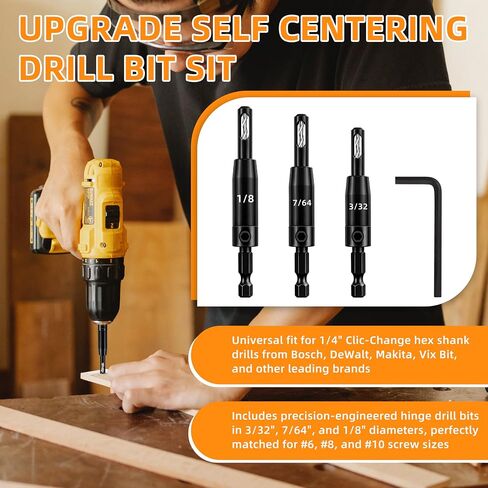 Self Centering Drill Bit Set, Upgraded VIX Bit, CC2430 3/32'',7/64",1/8''for 1/4In Hex Shank, #6#8#10 Hinge Drilling, Ultra-Durable Steel Construction (3 Pcs Set) in Saudi Arabia
