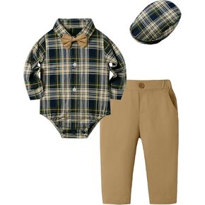 Baby Boy Clothes Baby Suits Set Infant Boys Outfits Long Sleeve Plaid Shirt+Pants+Bowtie+Beret Hat 4Pcs in Kuwait