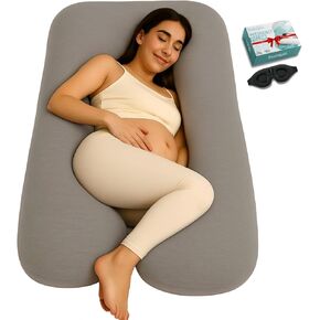 U-Shaped Pregnancy Pillow – 100% Cotton Cover, Full Body Maternity Support for Belly, Back and Legs – Bonus Eye Mask and Gift Box (Dark Grey) in Saudi Arabia