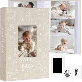 Baby Photo Album 4x6 300 Pockets with Memo Area & Hand and Footprint Kit, Linen Cover Slip-in Memory Book with Front Window, Acid-Free Keepsake for Newborn Boy Girl, First Year Moments in Saudi Arabia