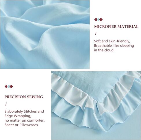 4 Pieces Double Layer Toddler Bedding Set - Baby Blue & White Ruffle Fringe 4 Pieces Toddler Bed Set - 1 Comforter + 1 Fitted Sheet +1 Flat Sheet +1 Pillowcase for Baby Boys and Girls Baby Blue in Saudi Arabia