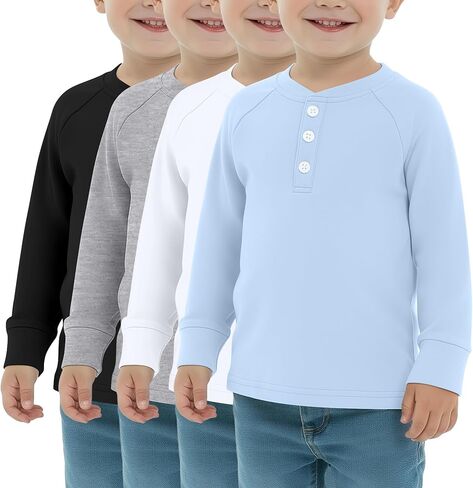 عبوة من 4 قمصان للأولاد بأكمام طويلة، تي شيرتات حرارية للفتيات من Henley للأطفال الصغار، قمصان كاجوال متماسكة للأطفال ملابس خريفية للجنسين in Kuwait